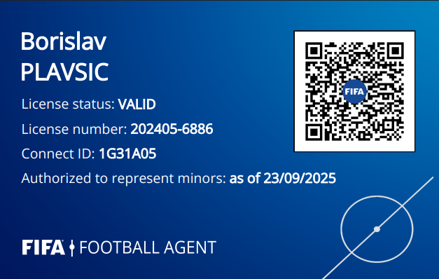 Official FIFA Football Agent License for Borislav Plavsic